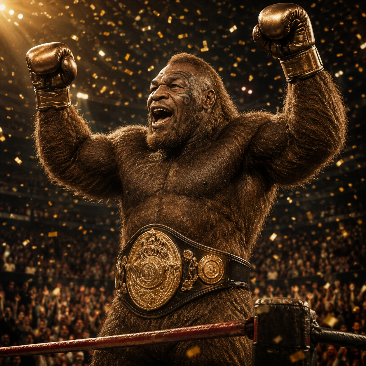 Mike Apeson roaring in the ring with gold gloves raised and a championship belt, confetti falling