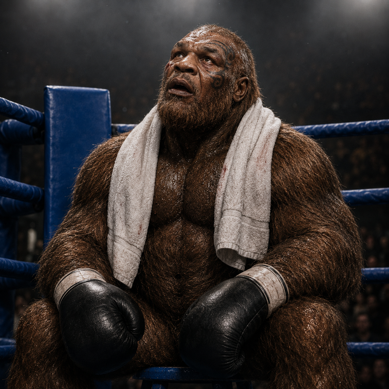 Mike Apeson sweating in the ring corner with a towel around his neck