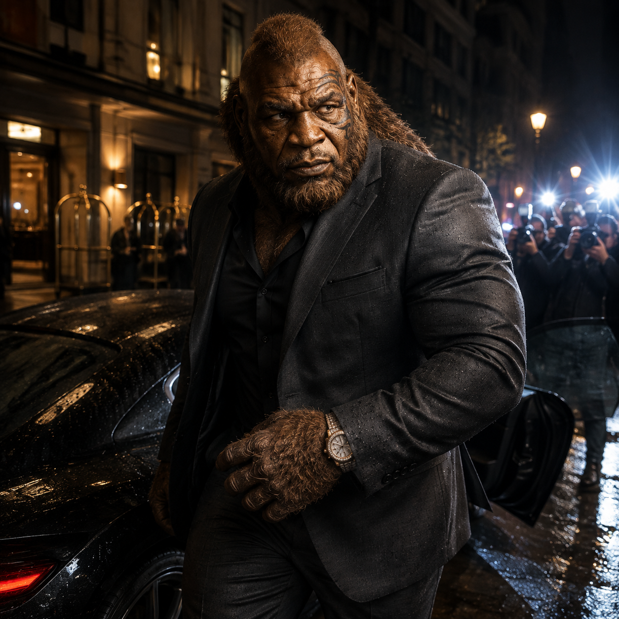 Mike Apeson in a dark suit leaving a car in the rain, surrounded by paparazzi