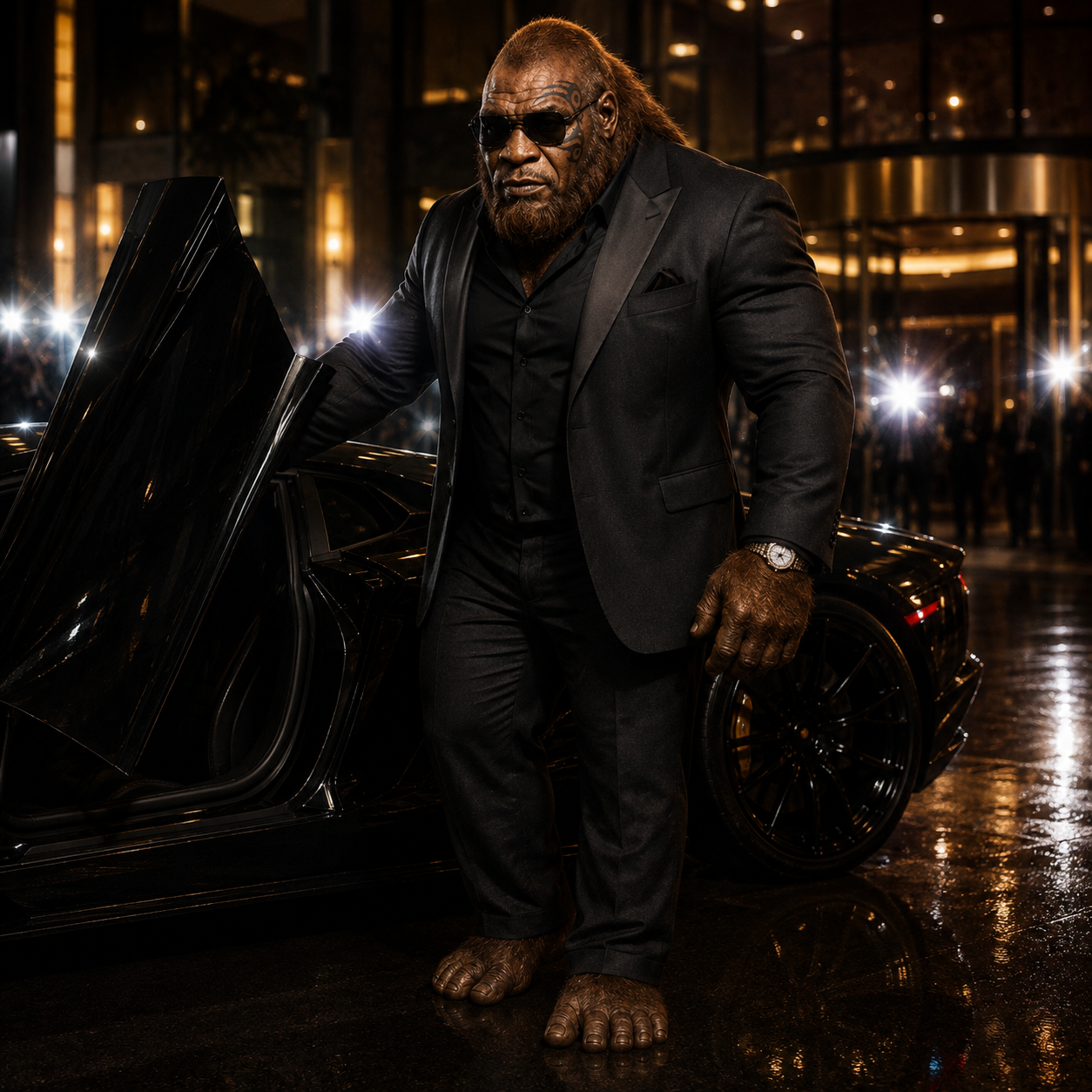 Mike Apeson in a black suit and sunglasses stepping out of a supercar under camera flashes